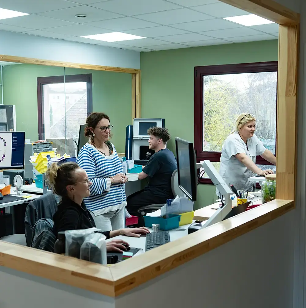 L'équipe de prothésistes dentaires du Laboratoire 32 en plein travail et en interaction au sein de l'atelier de conception.